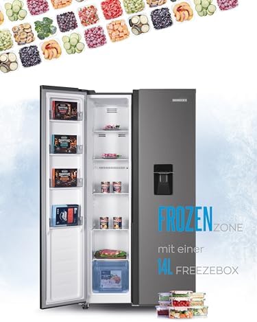 Bild 6 - Heinrich´s Side-by-Side Kühlschrank, Kühlgefrierkombination mit 439L Mega Gesamtvolumen, NO-FROST, 151L Gefriervolumen, inkl. Wasserspender, LED Beleuchtung,Touch-Bedienung, Multi-Airflow-System,Inox