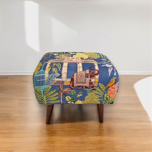 Image of The Artage Puffy Stool for Living Room Sitting Printed Premium Foam Cushioned Pouffe Ottoman for Foot Rest Stool for Home Decor Furniture with 4 Wooden Legs (Floral) (Blue Royalty)