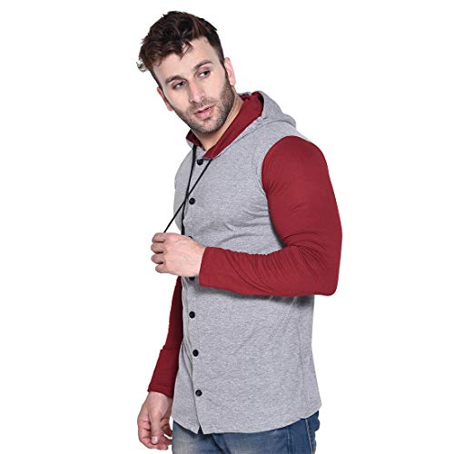 Image of Geum Men's Full Sleeve Hooded T-Shirt with Button-Down Front | Casual Slim Fit Cotton Shirt-Style Tee