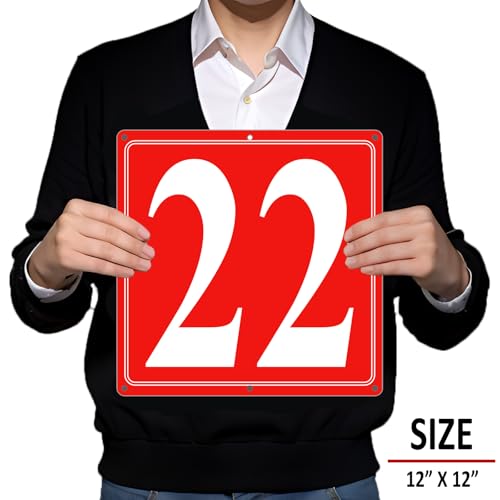 Image of Premium Aluminum Number Signs 22, Metal 12 inch X 12 inch Red Numbered Signs Outdoor for Parking Lots, Floor, Dock, Court, Aisle, Field, High Visibility, No Fade, Weather-resistant