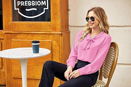 ACEVOG Tops Womens Bow Tie Neck Long Sleeve Office Work Blush Chiffon Blouse Shirts,Pink,X-Large - Thumbnail 3