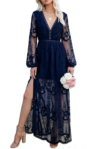 Image of LRISES Womens V Neck Floral Embroidered Lace Wedding Maxi Dress Boho Short Sleeve Slit Bridesmaid Evening Party Dresses