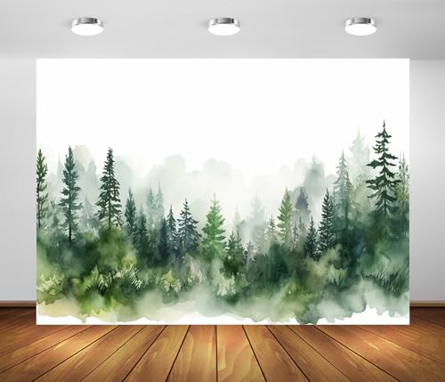 BELECO 7x5ft Fabric Watercolor Forest Backdrop Misty Forest Trees Spruce Forest Silhouette...