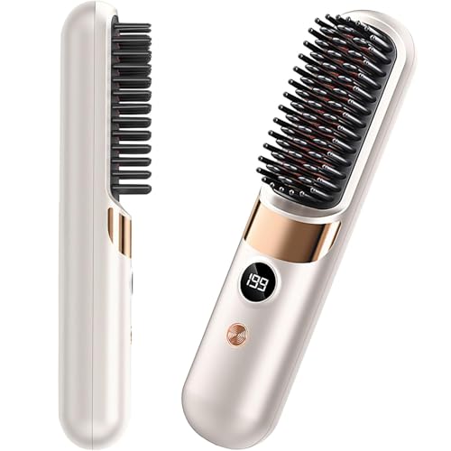 Go Brush Pro Cordless Hair Straightener Brush - Portable Rechargeable Ceramic Styling Brush with 4...