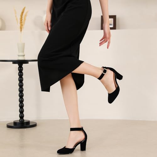 Image of 3 Inch Wide Width Chunky Heels for Women Closed Toe Heels Dress Shoes for Womens Round Pumps Ankle Strap Block Heel Bridesmaid Wedding Prom Party Comfortable (Run Large, Size Half Down)