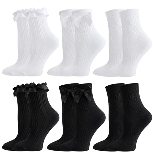 Image of Jspupifip 6 Pairs Lace Ruffle Frilly Crew Socks for Women Girls | Cotton Breathable Cute Princess Ankle Dress Lace Socks Thin Cool Casual Socks