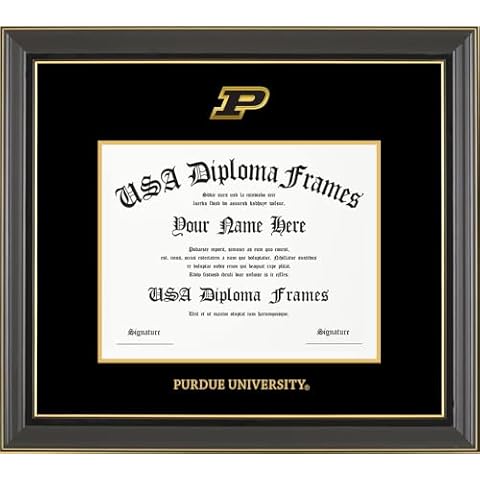 USADiplomaFrames - Purdue University Licensed Diploma Frame - 8.5" x 11" Diplomas- Masters/PhD/Global - Black Gold Trim Glossy with Black Suede Matting; Purdue P Medallion Cover