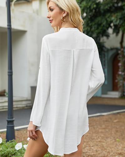 Bsubseach Women Beach Cover Ups V Neck Button Down Swimsuit Coverup Summer Swim Long Sleeve Cover Up Dress3