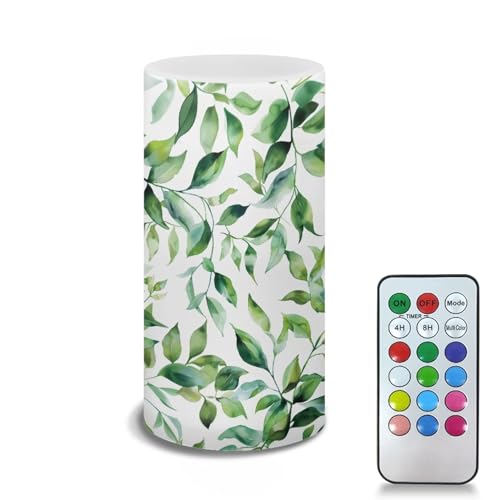 Image of Flameless Candle Battery Powered with Remote Control 12 Colors 4 /8 Hours Timer LED Night Lights Pillar Candle Tealights for Indoor Outdoor Home Wedding Decoration, Green Leaf White