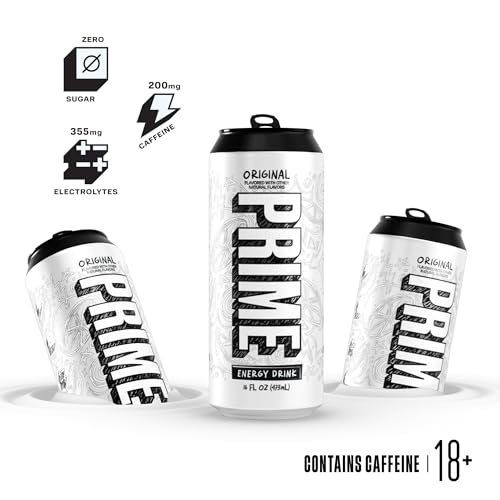 PRIME Energy ORIGINAL, Sugar Free Energy Drink, 200mg Caffeine and 355mg of Electrolytes for Hydration, Low Calorie, Vegan, Gluten Free, 16 Fluid Ounce, 12 Pack