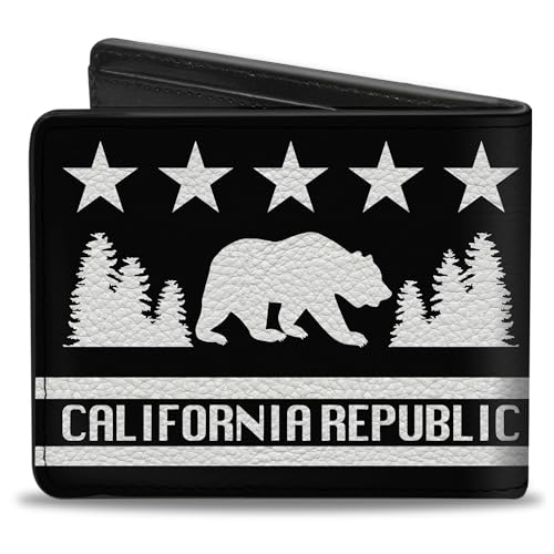 Buckle-Down Men's Wallet, Bifold, California Republic Bear Stars Silhouette Black White, Vegan Leather, 4.0" x 3.5"2