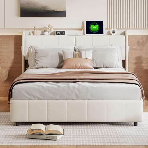 LONELYO Cadre de Lit 160x200 cm en Cuir PU Blanc avec 4 Tiroirs, Port USB et Lumière Tactile – Lit Double Design Moderne, Idéal pour Adulte et Chambre à...