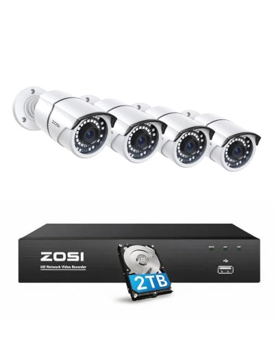 ZOSI 8CH PoE Security Camera System with 2TB HDD, 4pcs 5MP Metal Cameras