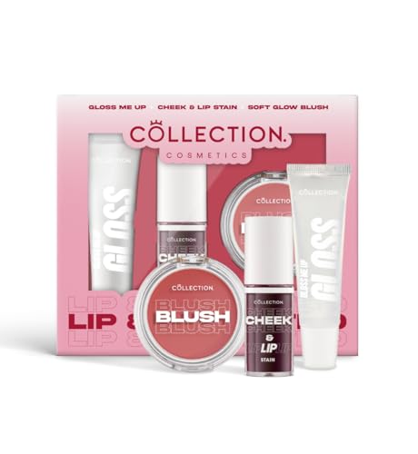 Collection Cosmetics Lip & Cheek Trio, Soft Glow Blusher, Cheek and Lip Stain, Gloss Me Up Lip Gloss, Long Lasting Flush, Makeup Gift Set