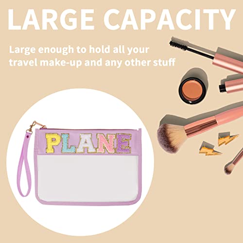 Monogram Letter Clear Bag Purse, Chenille Glitter Letter Makeup Cosmetic Bag Patch Zipper Toiletry Pouch, Portable Travel Beach Snack Wristlet Bag For Women Girls(Plane, Purple) #TOP3