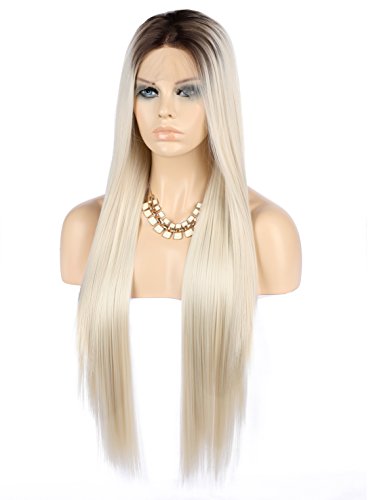eNilecor Platinum Blonde Lace Front Wigs, Long Straight Wig Dark Root to Ombre Blonde Realistic Synthetic Hair Replacement Wigs for Women