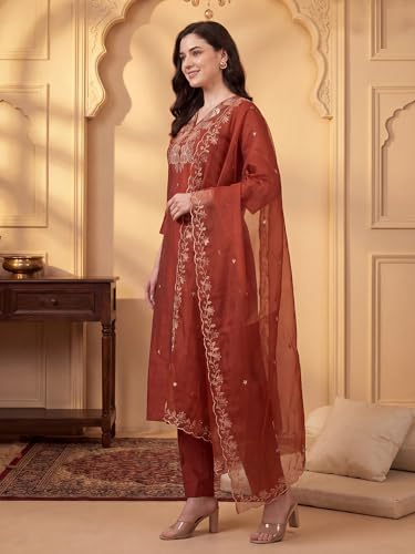 Image of INDO ERA Women's Silk Blend Floral Embroidered Thread Work Kurta & Pant with Dupatta Set (IEBBAI438)