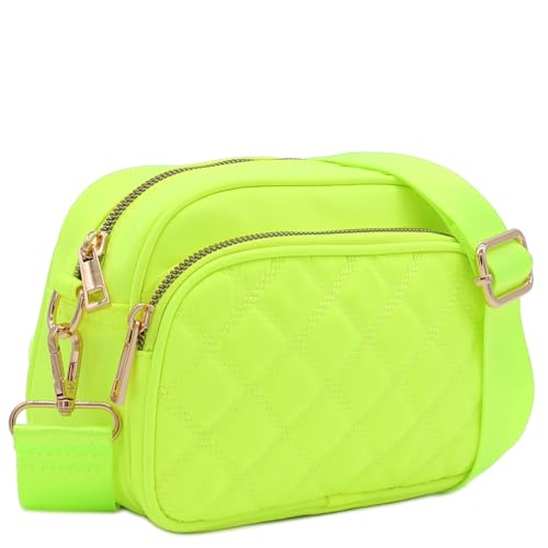 FashionPuzzle Quilted Nylon Crossbody Bag with Wide Strap (Neon Yellow-green)