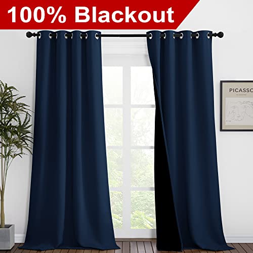 Image of NICETOWN Complete 100% Blackout Curtain Set, Thermal Insulated & Energy Efficiency Window Draperies for Guest Room, Full Shading Panels for Shift Worker and Light Sleepers, Navy Blue, 46W x 90L, 2 Pcs