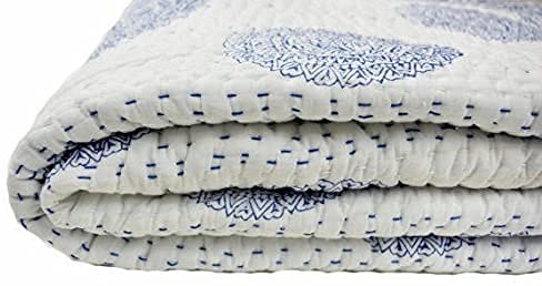 Crafts Creation Queen Size Kantha Quilt, Indian Kantha Quilt, White Cotton Blanket, Handmade Bedspread, Hand Block Print, 100% Cotton Bedspread Blanket Throw (Twin) #TOP3