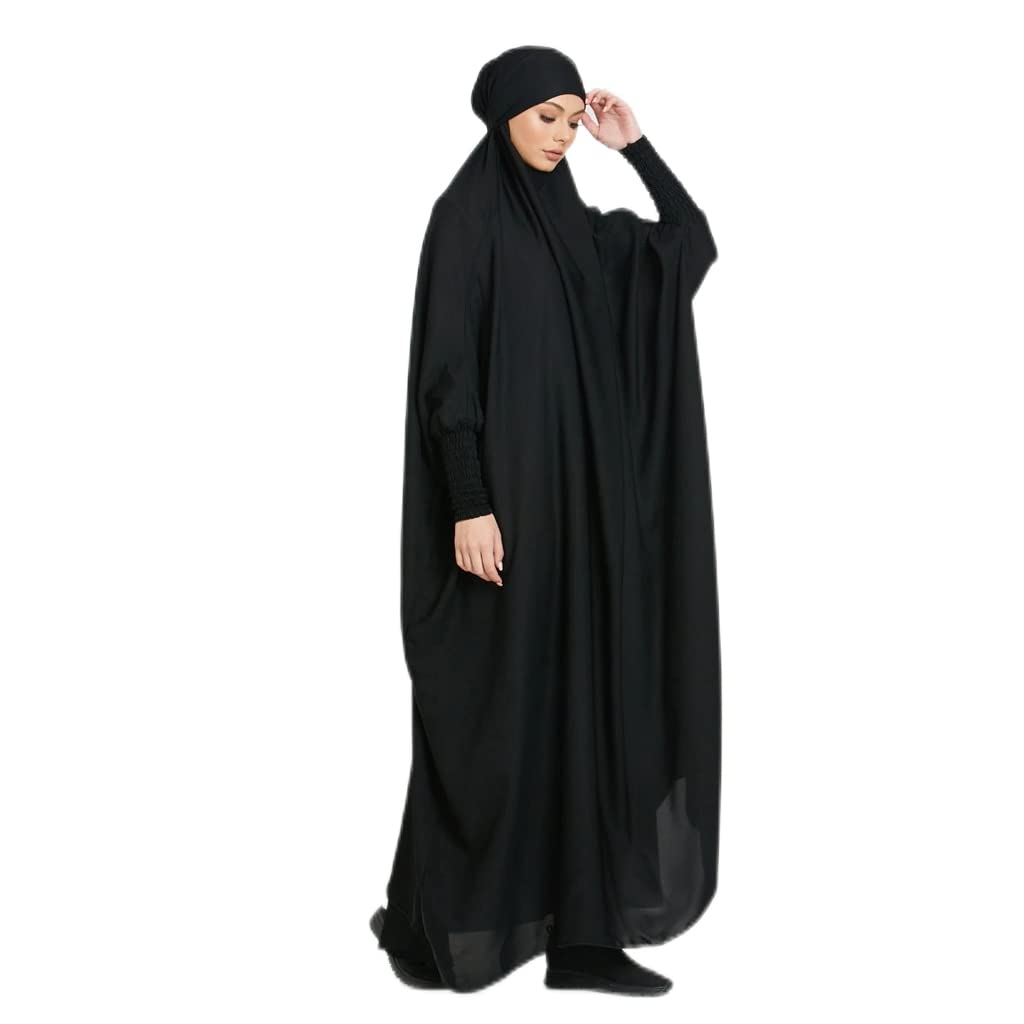 BRONG Damen Muslimisches Einteiliges Gebetskleid Abaya Jilbab Frauen Musselin Dubai Türkei Robe Gebet Jilbab Ganzkörper Maxi Kleid mit Hijab Schwarz