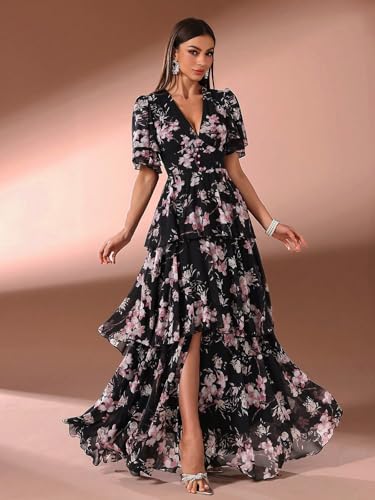 Image of TOLEEN Summer Casual Dresses for Women 2024 Spring Fashion Boho V Neck Long Sleeve Ruffle Floral Print Elegant Maxi Dress