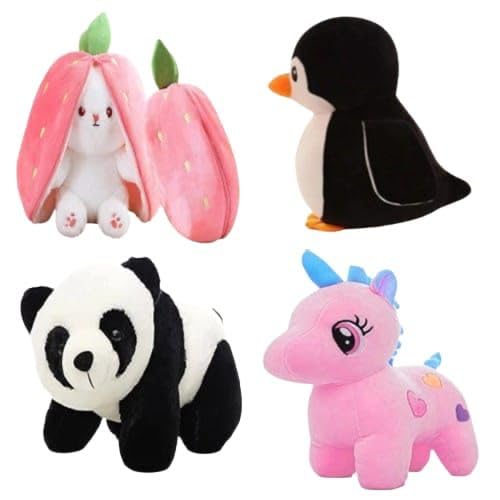 Image of Pack of 4 Elegant Soft Animals Stuffed Plush Fur Soft Toys Combo Set for Kids /Childrens /Boys /Girls Playing Birthday Gift Bunny,Penguine,Panda,Unicorn