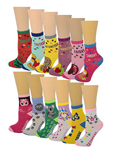 Ayla 12 Pairs Pack Kids Girls Colorful Creative Fun Novelty Design Crew Socks (4-6, Days)
