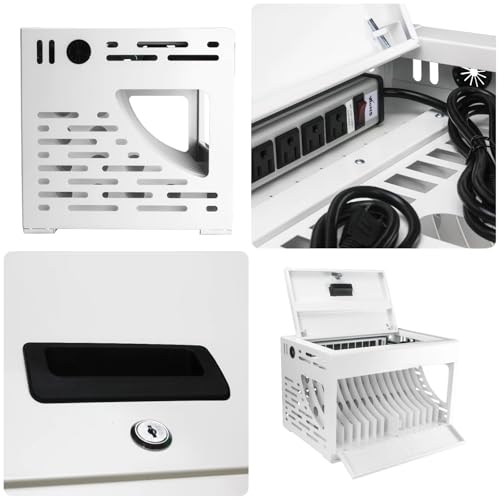 Image of 16 Unit Laptop Charging Station, Locking Charging Cabinet with Interior Steel Dividers & Power Strip, Metal Charging Organizer with Dual Installation Options for Classroom & Office, White