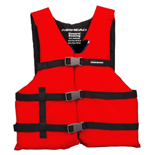 Airhead General Purpose Life Jacket for Adults & Kids - US Coast Guard Approved Life Vest for Men, Women, Youth, Child & Infant, Boating Safety PFD for Fishing & Swimming, Adult Standard, Red