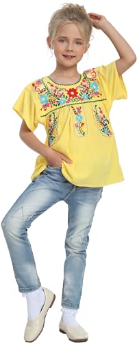 Image of YZXDORWJ Mexican Blouse for Girls Traditional Embroidered Summer Short Sleeve Peasant Blouse for Kids