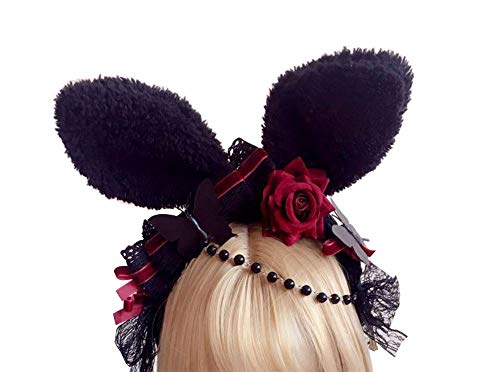 Nite closet Gothic Headpieces for Women Rabbit Ear Headdresses Lace Lolita Maid (Black)