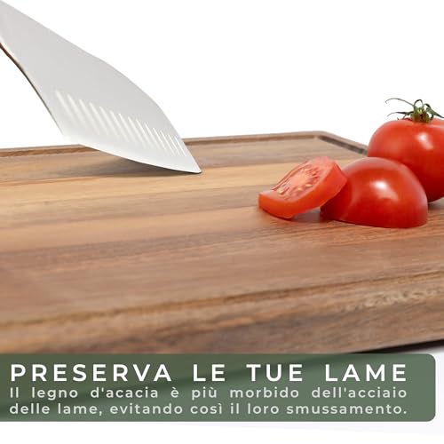 WALDWERK Set di 3 taglieri (40x30 / 33x24 / 26x18 cm) in massiccio legno di acacia - Tagliere da cucina con supporto - Taglieri legno spessi 2 cm con canalina per il succo - immagine 6