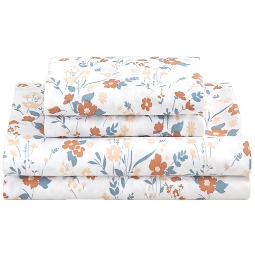 Image of Softan Floral Queen Sheet Set Orange Flower Printed Bed Sheets - 4 Piece Soft Microfiber Patterned Fitted Sheets with 15 inch Deep Pocket and Corner Straps, Cute Spring Sheets & Pillowcase Set