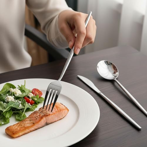Image of Slim Handle Silver 5 Pcs Stainless Steel Cutlery Set for Dining Table, Dishwasher Safe Glossy Flatware (1 Spoon Set+1 Forks Set+1 Butter Knife+1 Dessert Spoon+ 1 Fruit Fork)