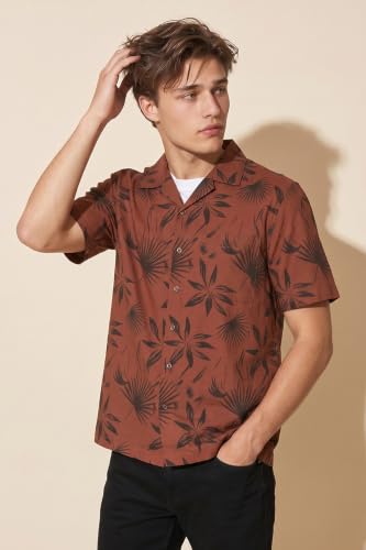 Image of Peter England Men's Cotton Blend Classic Fit Floral Print Casual Shirt | Cuban Collar, Half Sleeves | Casual Wear