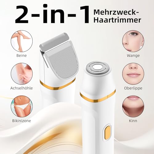 Rasierer Damen, Gesichtshaarentferner für Frauen 2 in 1 Intimrasierer für Frauen, 2 Aufsätzen und Präzisionskamm für Arm & Bein & Bikini, IPX7 Wasserdicht Einfache Reinigung (Weiß)