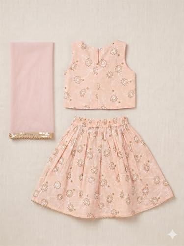 Image of A.T.U.N. (ALL THINGS UBER NICE) Girls Cotton Ethnic Floral Lehenga Choli Set with Lace & Dupatta | Traditional 3-Piece Festive Outfit for Kids