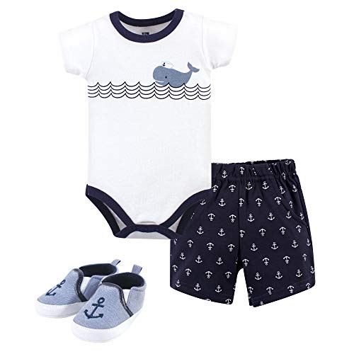Hudson Baby Unisex Baby Cotton Bodysuit, Shorts and Shoe Set, Blue Sailor Whale, 3-6 Months