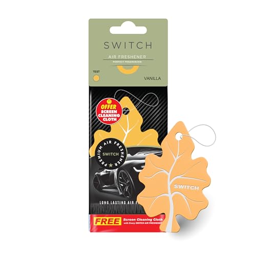 Image of SWITCH Car Air Freshener + Screen Cleaning Cloth Combo | Vanilla Fragrance Car Perfumes Luxury Hanging Perfume | Long Lasting Aroma | Refreshing Smell | Car Accessories Interior (Pack of 1)