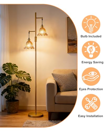 Image of Lightdot 2- Light Gold Flower Floor Lamp for Living Room, 65IN Dimmable Floor Lamps with Amber Glass Shade& Warm White Bulbs, Modern Standing Tall Lamp with 5Lbs Heavy Base for Bedroom Home Office