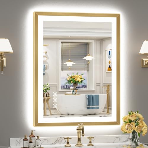 Image of 28x36 Gold Beveled LED Bathroom Mirror Backlit & Front Lit Anti-Fog | Brushed Gold Framed, Anti-Fog Lighted Vanity Mirror, Dimmable, 3-Color Light, Memory, CRI95, HD Tempered Glass, UL Listed