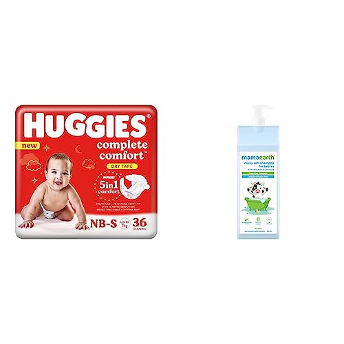 Image of Huggies Complete Comfort Dry Tape Newborn - Small (NB-S) Size Baby Tape Diapers, 36 count & Mamaearth Milky Soft Shampoo with Oats, Milk and Calendula for Babies (400 ml)