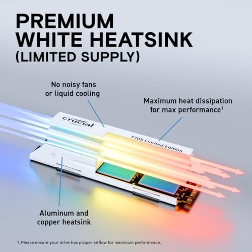 Image of Crucial T705 2TB PCIe Gen5 NVMe M.2 SSD with White Heatsink - Up to 14,500 MB /s - Limited Edition - Internal Solid State Drive (PC) - +1mo Adobe CC - CT2000T705SSD5A