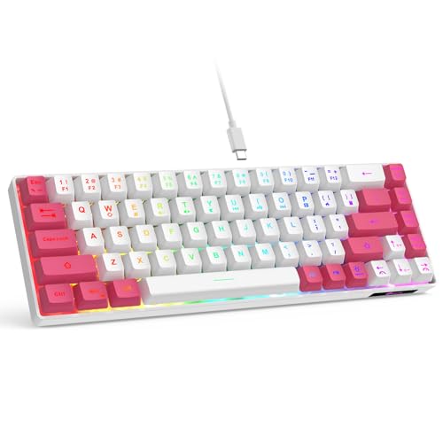 Image of GEODMAER 65% Gaming Keyboard, LED Backlit Mini Wired Keyboard, Ultra-Compact Anti-Ghosting No-Conflict 68 Keys Membrane Gaming Wired Keyboard for PC Laptop Windows Gamer(White-Pink)