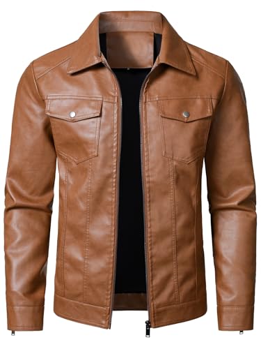 HOOD CREW Mens Leather Jacket Motorcycle Biker Jackets Casual Lightweight Faux Leather Outwear Light Brown M