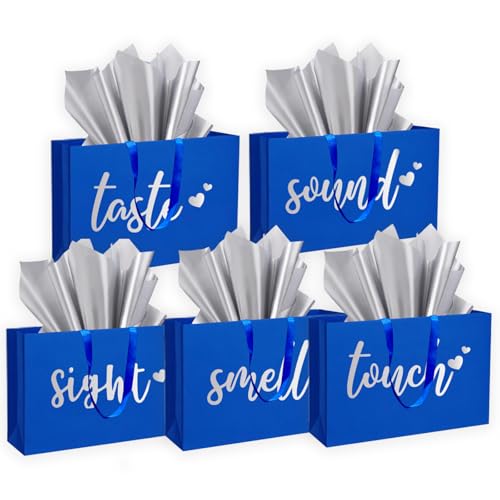 YIXAXKAO 5 Senses Gift Bags Five Senses Gift Bags with Tissue Paper Kraft Paper Bag with Ribbon Handles for Anniversary, Valentine's Day, Birthday for Him Husband Boyfriend (Blue Silver)