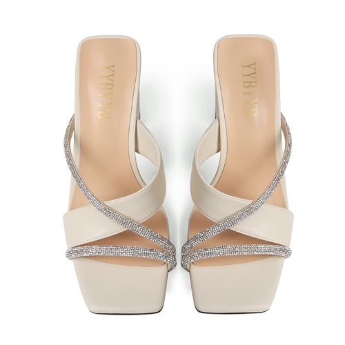 Women's Rhinestone Chunky Heels Square Open Toe Slip On Mules Summer Wedding Party Dress Shoes3