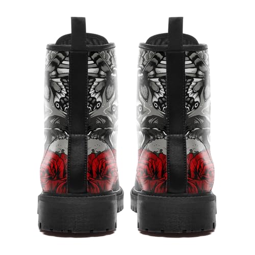 Image of Custom Black Combat Boots for Women Fashion Lace-Up Skull Rose Ankle Booties Chunky Heel Platform Leather Boots