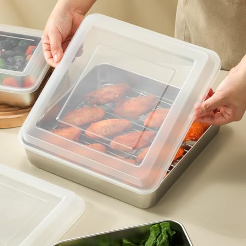 Bandeja rectangular de acero inoxidable con tapa y red de 26x26x7cm para freír y hornear 7
